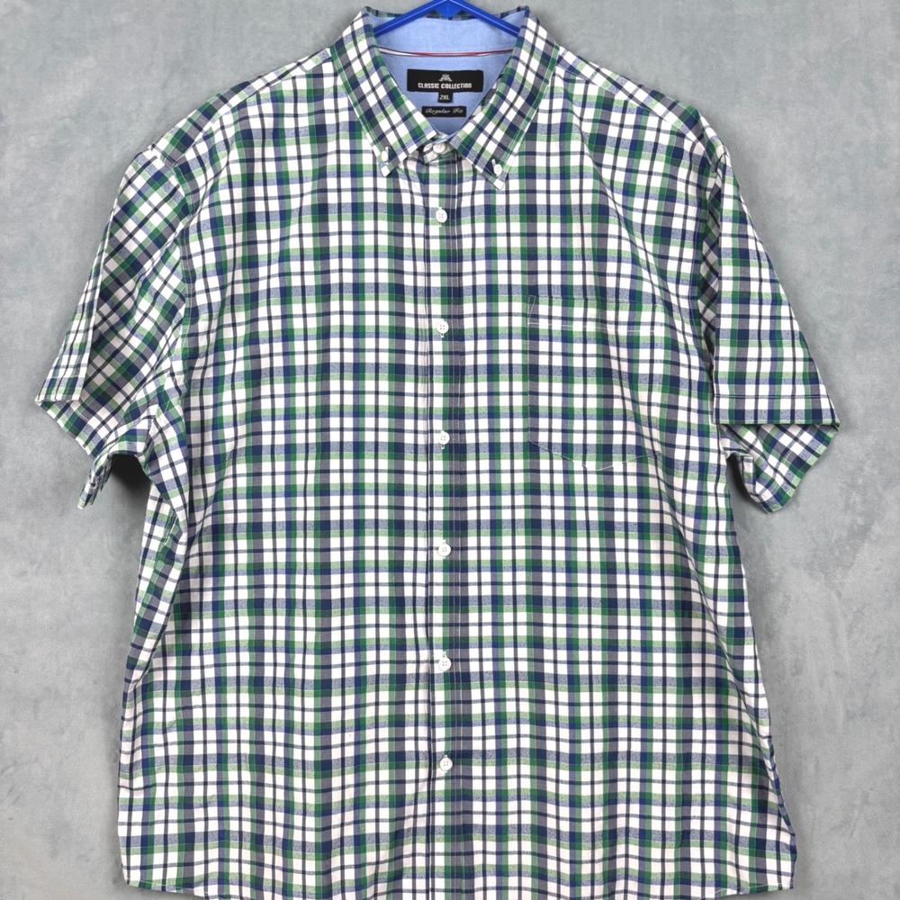 Classic Collection Mens 2XL Regular Fit Plaid Button Down Shirt Green Navy Blue